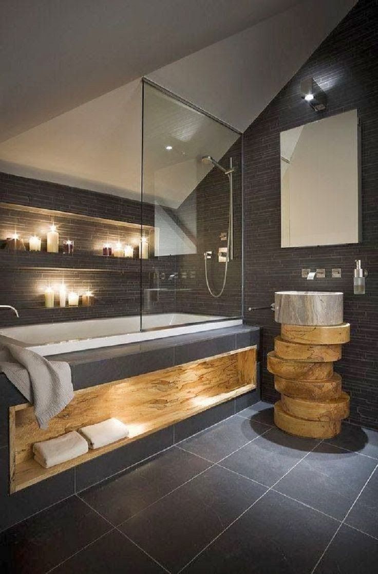 Salle de bain travertin moderne avec haute définition ...