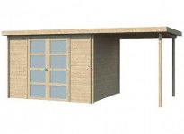 Abri bois toit plat acier avec extension couverte latérale 13m2
