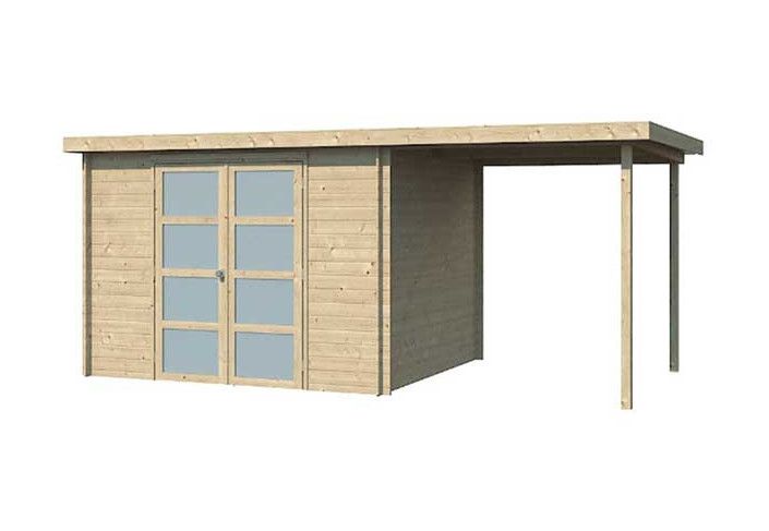 Abri bois toit plat acier avec extension couverte latérale 13m2