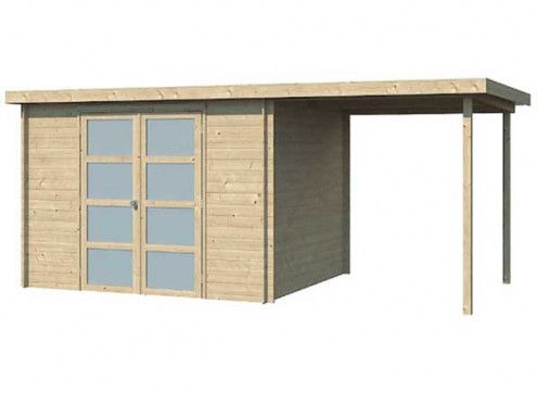 Abri bois toit plat acier avec extension couverte latérale 13m2