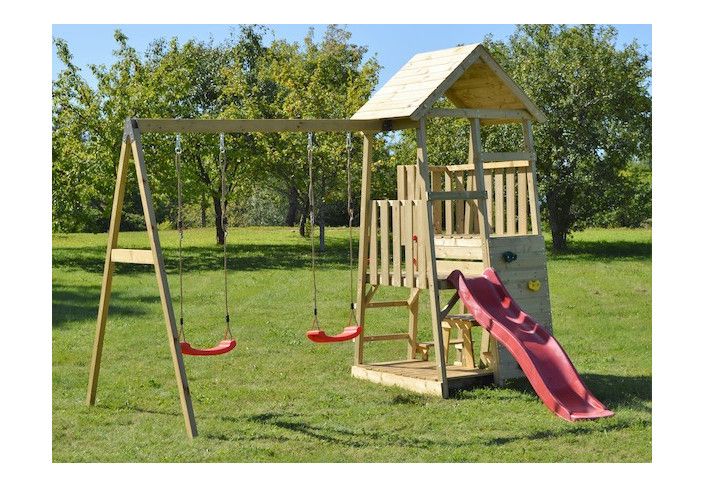 Jeux de jardin en bois avec toboggan, balançoire, mur descalade