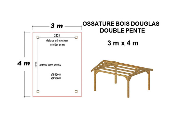 OSSATURE DOUGLAS DEUX PENTES SYMÉTRIQUES 12m2