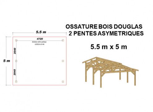 OSSATURE DOUGLAS DEUX PENTES ASYMÉTRIQUES 27.5m2