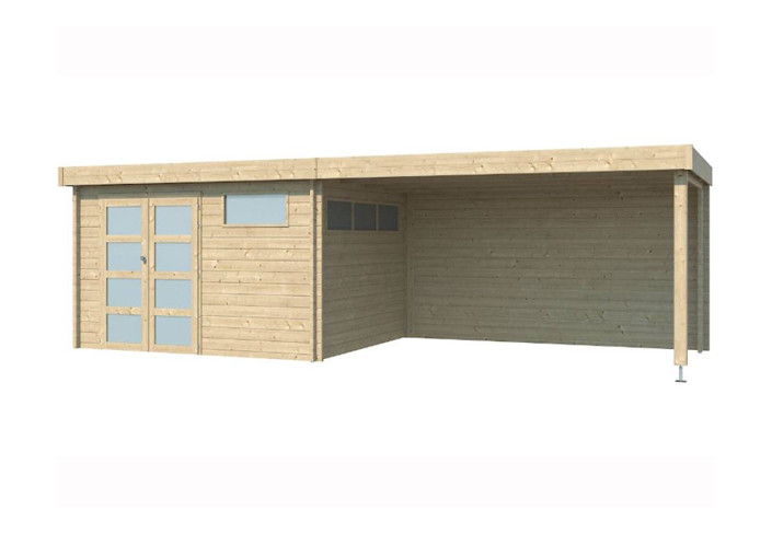 Abri Jardin Toit Plat + Auvent - Madriers Bois 44mm - 24m2