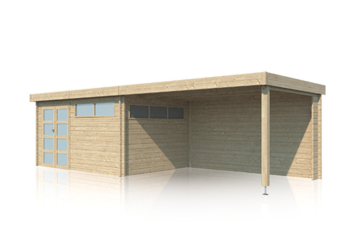 Abri Jardin Toit Plat + Auvent - Madriers Bois 44mm - 28m2