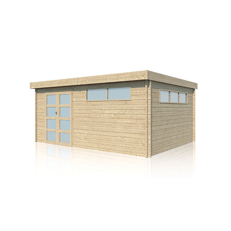 Abri Jardin Bois 44 mm Moderne - Toit Plat + Couverture Acier 18 M2