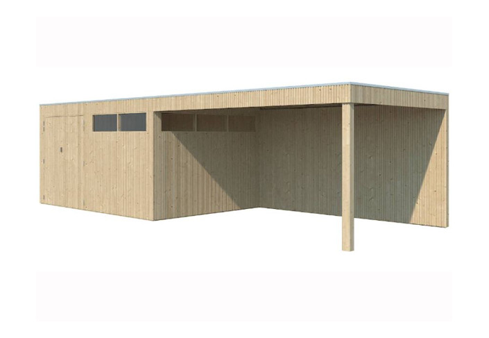 Abri jardin cubique avec panneaux bois + auvent 12.60m2
