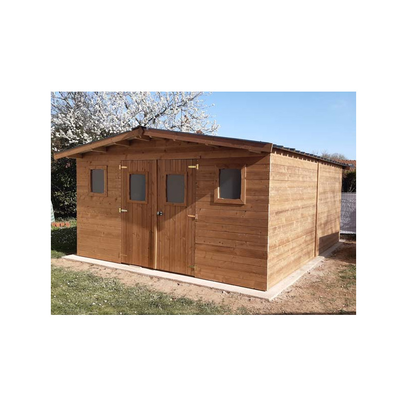 Cabanon de jardin en bois thermo traité de 9m2 avec son toit double pente  en bac