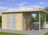 Abri bois toit plat acier avec extension couverte latérale 13m2