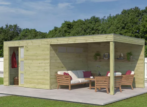 Abri de jardin avec auvent en bois autoclave avec porte coulissante 18m2