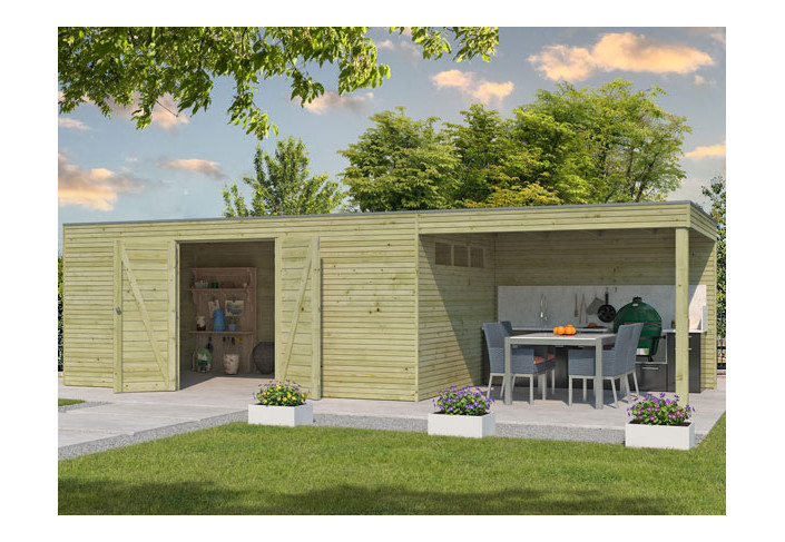 Abri jardin panneau bois autoclave avec auvent - 20 m2