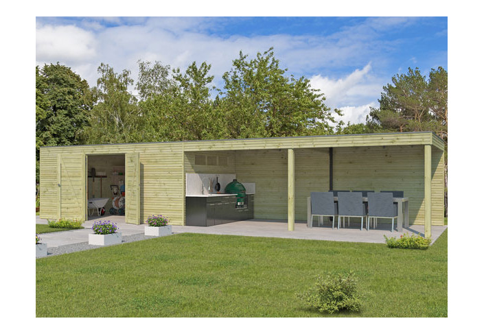 Abri jardin panneau bois autoclave avec auvent et toit plat 33m2