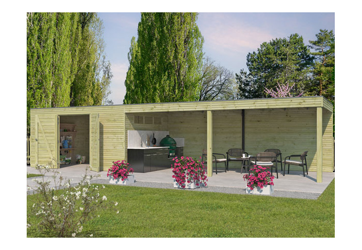 Abri jardin panneau bois traité, toit plat et auvent 30m2
