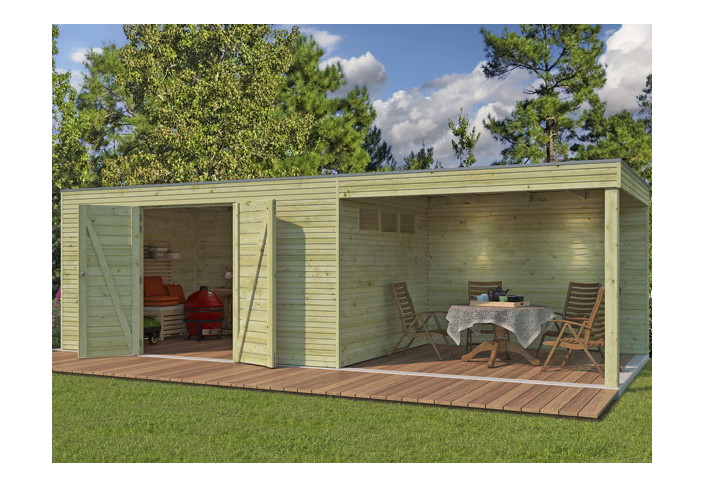 Abri jardin panneaux bois traités, toit plat et auvent - 18m2
