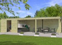Abri jardin panneaux bois traité, toit plat et auvent - 30m2