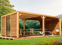 Pergola Bioclimatique en Bois Traité + 2 Panneaux Brise Vue - 20.93m2