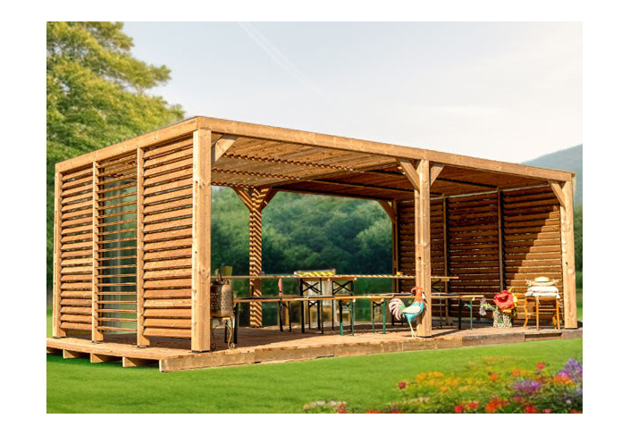 Pergola Bioclimatique en Bois Traité + 2 Panneaux Brise Vue - 20.93m2