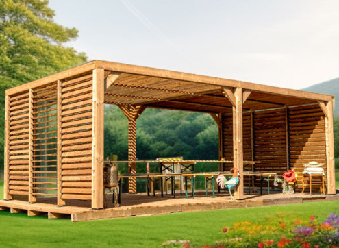 Pergola Bioclimatique en Bois Traité + 2 Panneaux Brise Vue - 20.93m2