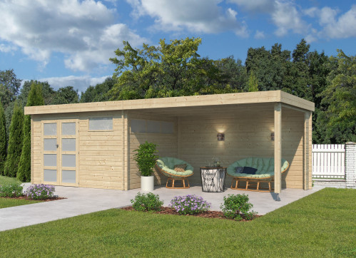 Abri Jardin Toit Plat + Auvent - Madriers Bois 44mm - 24m2