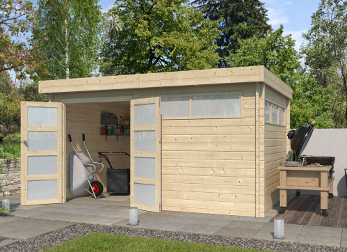 Abri Jardin Toit Plat Métallique - Madriers Bois 44mm 12m2