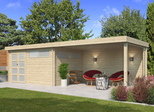 Abri Jardin Toit Plat + Auvent - Madriers Bois 44mm - 24m2