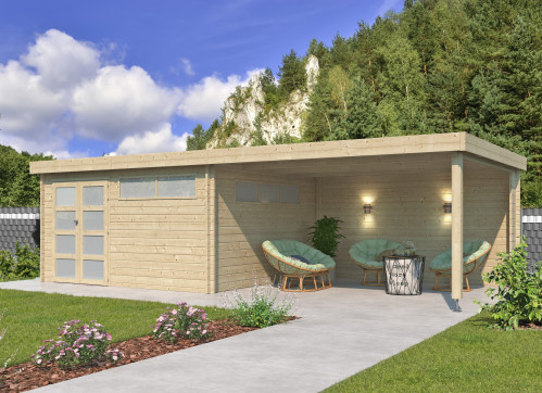 Abri Jardin Toit Plat + Auvent - Madriers Bois 44mm - 28m2