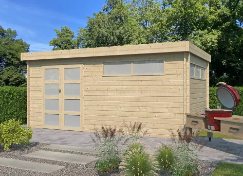 Abri Jardin Toit Plat Métallique - Madriers Bois 44mm 16m2