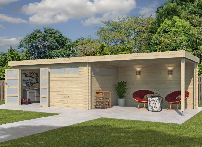 Abri Jardin Toit Plat Métallique - Madriers Bois 44mm 16m2