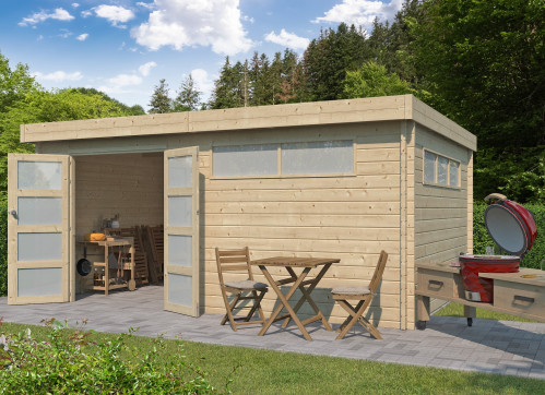 Abri Jardin Toit Plat Métallique - Madriers Bois 44mm 16m2