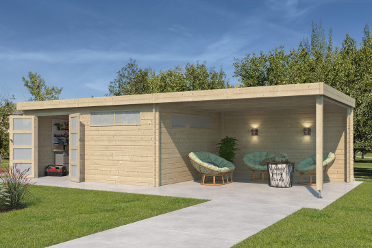 Abri Jardin Toit Plat Métallique - Madriers Bois 44mm 16m2