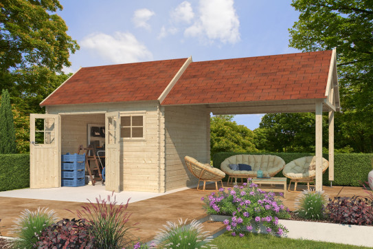 Abri jardin bois 2 pans avec auvent 23m2
