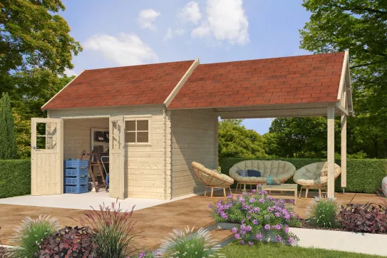 Abri jardin bois 2 pans avec auvent 23m2