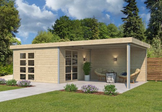 Abri Jardin avec Auvent en Bois Brut 28mm Toiture Plate Acier 15 m2