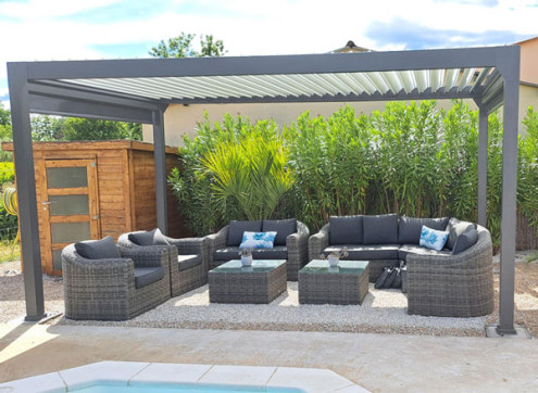 PERGOLA BIOCLIMATIQUE GRIS LAMES BLANCHES MOTORISÉES 3x5 M