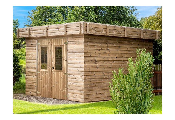 Abri Jardin Madriers bois traité - Toit Plat - Bac Acier 9M2
