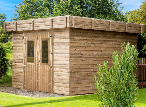 Abri Jardin Madriers bois traité - Toit Plat - Bac Acier 9M2
