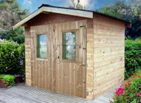 Abri Jardin madriers bois traité, couverture plaques ondulées bitumées 7.25M2