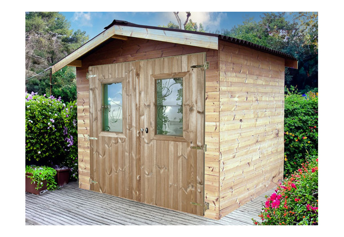 Abri Jardin madriers bois traité, couverture plaques ondulées bitumées 7.25M2