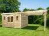 ABRI JARDIN BOIS TOIT ACIER AVEC AUVENT - 19M2