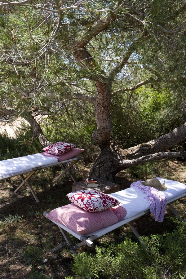 Un massage sous les pins, ça vous tente ? Table de massage installée en extérieur