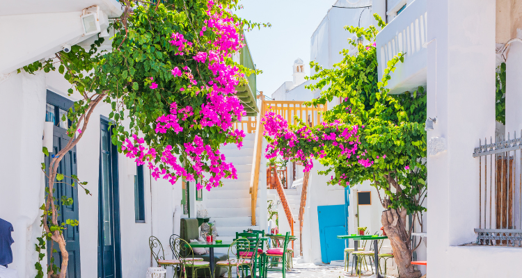 ruelle à Mykonos avec cour et maison blanche et bleue