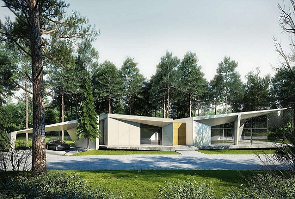 Un carport design en béton dans une maison d'archi