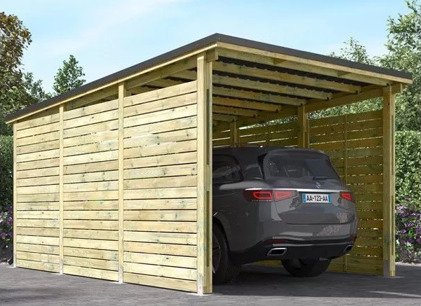 carport bois monopente avec bardages et panneaux latéraux