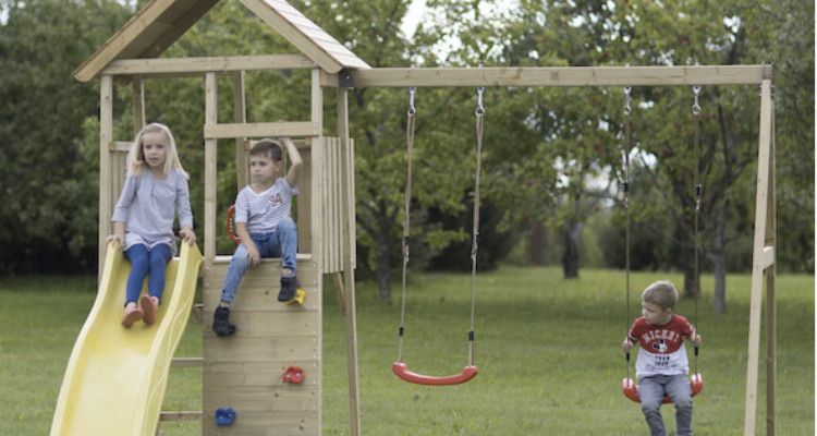 Yolola Tour de jeux d'extérieur, pour enfants, avec toit en bois,  balançoire et toboggan, aire de jeux/d'escalade pour jardin, en pin massif  : : Jouets